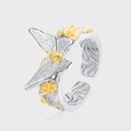 S925 sterling silver butterfly and rose flower open ring with gold two-tone relief - Butterfly Rose Two-Tone Style (KDP2163)