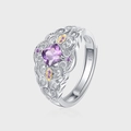 Vintage S925 Sterling Silber Ring mit lila Stein und filigranem Spitzenmuster im Retro-Stil - Italienischer Vintage Hohl Spitze Lila Strass Offener Ring (KDP2199)