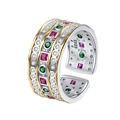 Three-layer S925 sterling silver open ring with colorful gemstones and wave pattern - Adjustable Open / Triple Layer Color Stone Hollow Open Style (KDP2243)