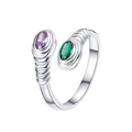 S925 sterling silver open ring featuring oval purple and green gems with textured band - Purple Green Two-Color Colored Diamond Open Style (KDP2254)