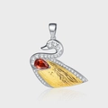 S925 Sterlingsilber Schwan Anhänger mit rotem Edelstein und glitzernden Kristallen - Schwan Bicolor Gebürsteter Stil (KDP2249)