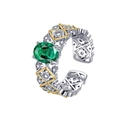 Anello vintage S925 in argento sterling con smeraldo, trama in pizzo e dettagli dorati - Stile Aperto Bicolore Intagliato (KDP2298)
