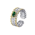 Anello retrò in argento S925 con bordi dorati, smeraldo e fascia con trama a onde - Stile Svuotato Ondulato Bicolore Retrò (KDP2301)