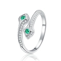 Anillo de serpiente abierto en plata S925 con circonitas esmeralda y cristales blancos - Abierto Ajustable / Estilo Esmeralda Forma de Serpiente (KDP2358)