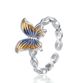 Adjustable S925 silver ring featuring colorful enamel butterfly with yellow and blue wings - Colorful Butterfly (KDP2353)