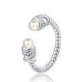 S925 silver twisted cable crossover ring featuring white pearls and paved stones - Adjustable Open / Silver Twisted Cable Double Pearl Style (KDP2361)