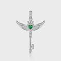 S925 silver angel wing key necklace with heart-shaped green gemstone and crown detail - Angel Wing Heart Key (KDP2342)