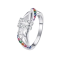 S925 sterling silver criss-cross ring with colorful zircon stones in a 45-degree view - Rainbow Multi-layer Cross Style (KDP2404)