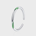 S925 sterling silver Mobius ring with green enamel, open adjustable design shown from 45-degree angle - Green Enamel Open Style (KDP2498)