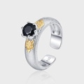 S925 sterling silver ring with black obsidian stone and vintage gold-tone wing reliefs - Vintage Brushed Two-Tone Rhinestone Open Ring (KDP2508)