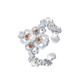 Anillo ajustable de plata S925 con trébol, perlas y detalles de piedras naranjas - Estilo Trébol de Flores Hueco (KDP2539)