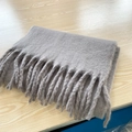 Medium grey mohair-feel scarf with thick fringe tassels for winter warmth - Gray