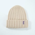 Oatmeal knit beanie with vertical rib pattern and purple cross stitch embroidery - Milky White