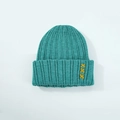 Blue rib-knit beanie with gold cross embroidery detail for men and women - Emerald