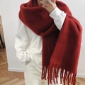 Solid deep red faux cashmere long scarf with tassels on a soft winter wrap - Dark Jujube Red