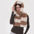 Bufanda con capucha de piel sintética a rayas marrón y crema, suave textura de felpa de invierno - Marrón Blanco Arroz