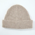 Classic cuffed rib-knit wool beanie hat in beige for autumn and winter warmth - Medium Khaki