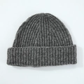 Dark grey wool blend knit beanie with thick ribbed texture and classic folded cuff design - Dark Gray
