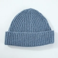 Minimalist blue ribbed knit wool beanie with warm folded cuff design for winter - Blue