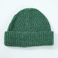 Deep green cuffed beanie hat featuring a warm thick-ribbed wool knit texture - Green
