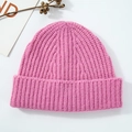 Pink rib-knit wool beanie for men and women featuring a classic folded cuff design - Pink