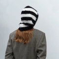 Striped black and white faux mink fur balaclava hat for winter warmth and style - 1# Black and White