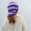 Back view of fuzzy purple striped balaclava knit hat for winter warmth - Iris Purple