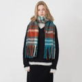 Soft faux cashmere plaid scarf in blue and red blocks with long decorative tassels - Blue Orange White Plaid