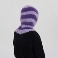 Plush faux mink fur balaclava in purple striped knit for autumn and winter - Lavender Purple