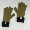 Olive green knitted wool gloves with black ribbed cuffs and brand woven label for women - Olive Green
