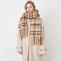 Écharpe à carreaux en faux cachemire beige et marron avec longues franges classiques - Carreaux Beige Brun Blanc