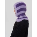 Zweifarbige lila gestreifte Balaclava aus Webpelz für Damen, weiche Strickhaube mit Schal - Lavendel