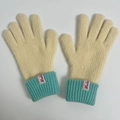 Cream knit wool gloves with blue ribbed cuffs and touch screen function for winter - Light Yellow