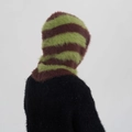 Brown and green striped faux fur Balaclava knit hood hat shown from the back view - Tea Brown Coffee