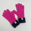 Women's rose red wool knit gloves with navy ribbed cuffs and brand logo tag - Magenta