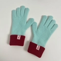 Mint green wool knit touchscreen gloves with contrasting red ribbed cuffs and logo - Light Pine Green