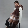 Écharpe à carreaux pour femmes en marron et kaki, tissu doux avec de longues franges - Café Kaki Blanc