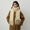 Thick cream faux cashmere scarf with brown blanket stitching and long tassels - Milky Yellow