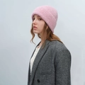 Pink curly yarn wool knit beanie for winter with soft plush texture for men and women - Cherry Pink