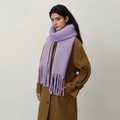 Thick oversized lavender purple cashmere-like scarf with white topstitching and long tassels - Light Purple
