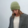 Avocado green woolly knit beanie featuring a thick textured boucle fabric with folded brim - Mustard Green