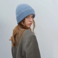 Unisex light blue bouclé knit beanie with a wide cuff for autumn and winter warmth - 6# Light Blue