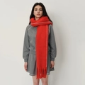 Thick bright red cashmere-like scarf with white stitched edges and long fringe trim - Red