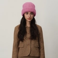 Pink plush knit beanie for women paired with a brown herringbone vintage blazer coat - Rose Red