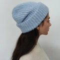 Light blue wool blend knit beanie featuring a thick ribbed texture and warm folded cuff - Light Blue