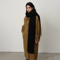 Women's oversized camel wool coat paired with a thick black fringed cashmere-like scarf - Black