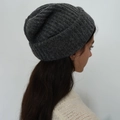Dark grey ribbed knit beanie for women featuring a warm wool blend and wide folded cuff - Knitted Beanie / Dark Gray