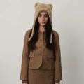 Women's camel plush cat ear knitted hat with premium brown herringbone tweed suit - Beige