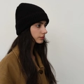 Women's black knit beanie in soft wool blend with stylish rolled edge cuff - Knitted Beanie / Black