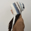 Blue and grey striped knit trapper hat with faux fur trim and long earflaps for winter - Blue Gray